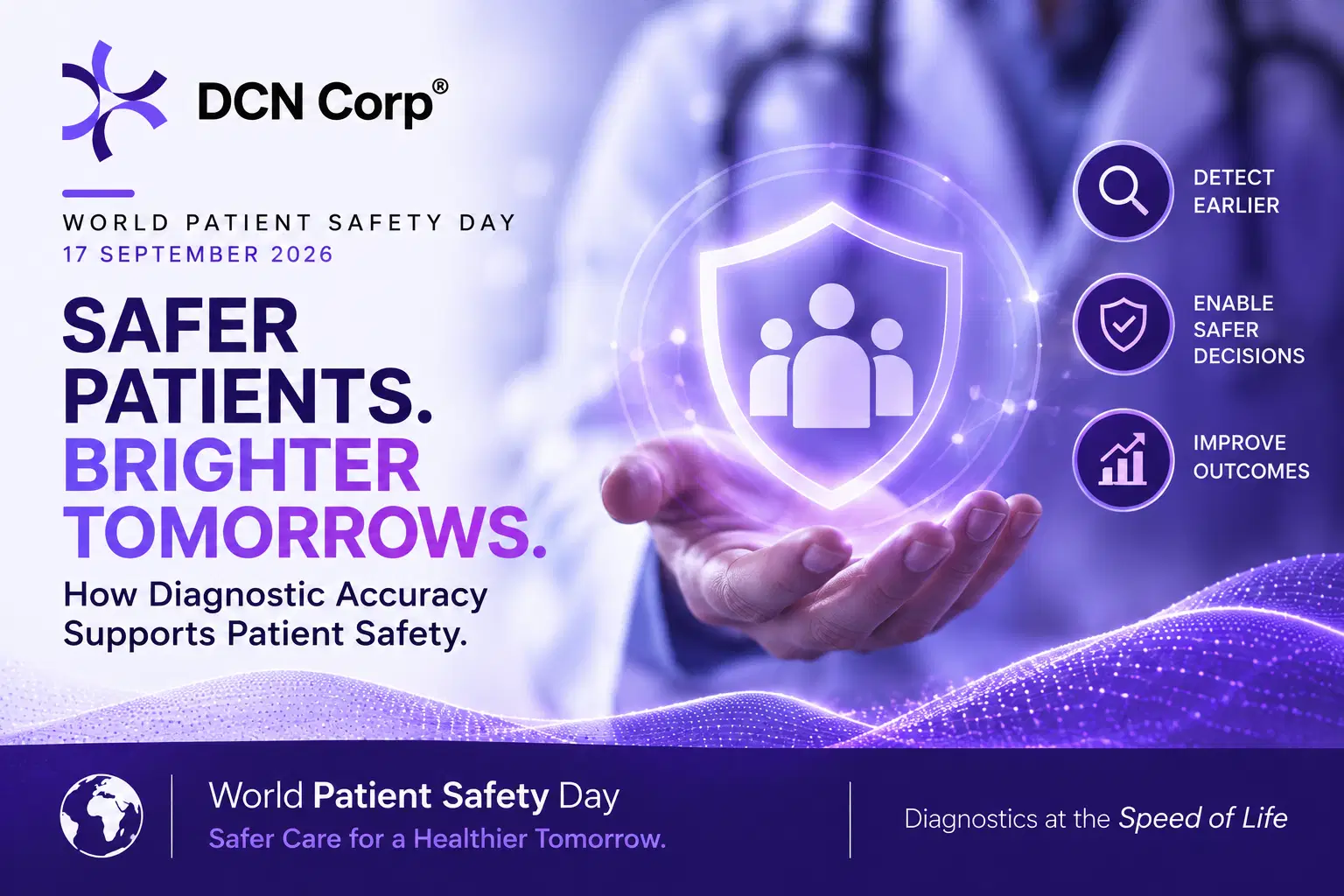 World Patient Safety Day - Visual illustrating how diagnostic accuracy, earlier detection & reliable diagnostic data/information supports patient safety.